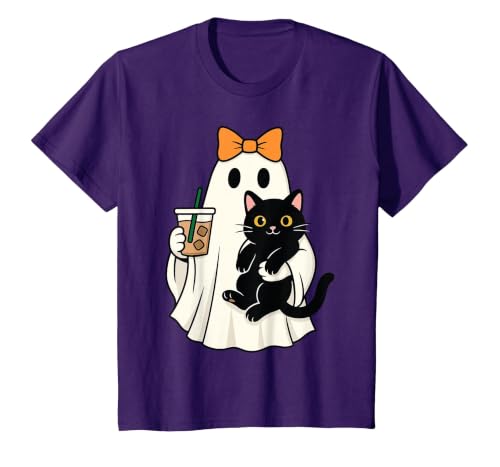 halloween iced coffee costume Cat Women Girls Cute Halloween Cat Ghost Drinking Coffee Ghost Women Girls T-Shirt - size chart