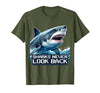 Mademark Sharks Never Look Back Bold Ocean Predator Design T-Shirt - size chart