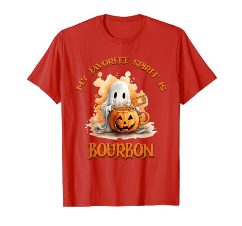 Boo Watercolor Pumpkin Cup Light Witch Hat Bottle Bourbon My Favorite Spirit is Bourbon Happy Halloween Boo T-Shirt - size