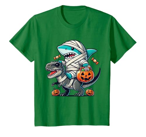 Funny Shark Dinosaur Halloween Kids Boys Tees Shark Riding Dinosaur T-rex Funny Halloween Pumpkin Boys Kid T-Shirt - size