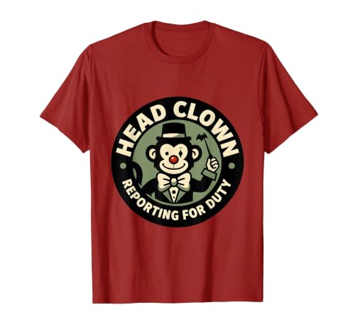 Mademark Head Clown Reporting For Duty Circus Monkey Design T-Shirt - Men - size chart