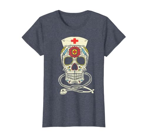 Halloween Nurse Shirts For Women Scrub Costumes Nurse Sugar Skull Stethoscope RN Medical Halloween Costume T-Shirt - size