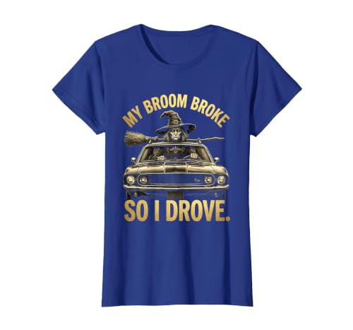Mademark My Broom Broke So I Drove Funny Halloween Design T-Shirt - size chart