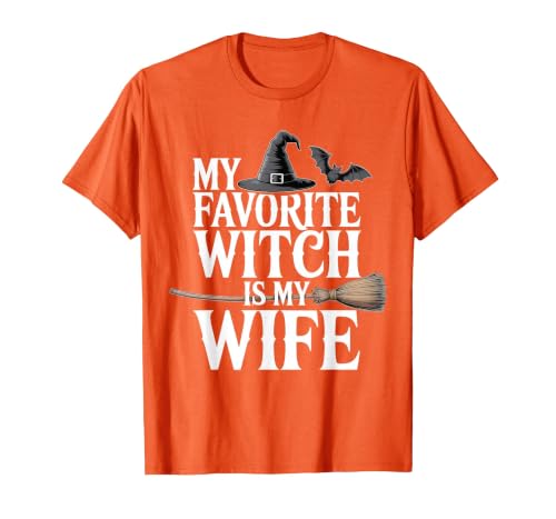 Cute Spooky Season Party Trick-or-treating Custume My Favorite Witch is My Wife Funny Halloween Husband Couple T-Shirt -