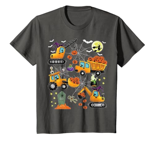 Kids Fun Construction Vehicle Halloween spider web Kids Construction Vehicle Halloween Crane Truck Pumpkin Boys T-Shirt -