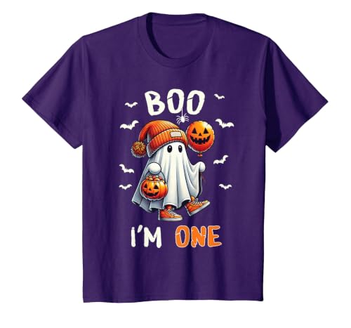 Halloween Boo I'm First 1st Birthday Boy Boo I'm One Ghost 1st Birthday Halloween Boy Kids Groovy T-Shirt - size chart