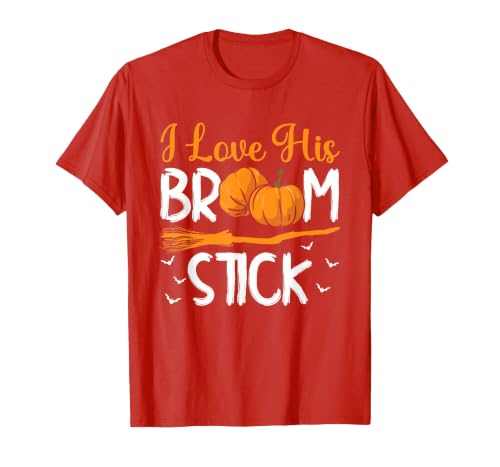 Match Halloween Couple Costumes I Love His Broomstick I Love Her Pumpkins T-Shirt - size chart