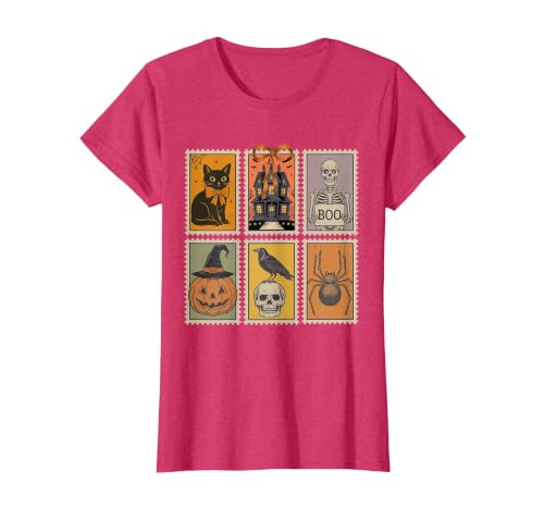 Halloween Stamp Cute Ghost Cute Fall Apparel Vintage Halloween Stamp Cute Ghost Pumpkin Cat Retro Fall T-Shirt - size chart