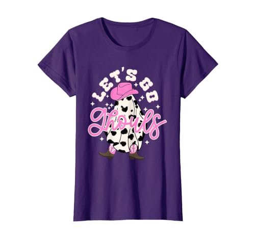 Let's Go Ghouls Cow Print Halloween Costumes Let's Go Ghouls Cowgirl Western Spooky Halloween Cute Retro T-Shirt - size chart