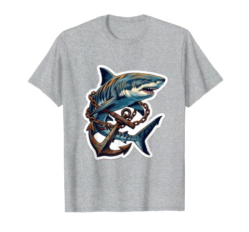 Mademark Tiger Shark Tangled in Anchor Chain Illustration T-Shirt - size chart