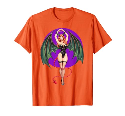 Classic Vintage Pin-Up Sexy Girl by YUX Sexy Succubus Monster Halloween Hand Heart Pin-Up Girl Devil T-Shirt - size chart
