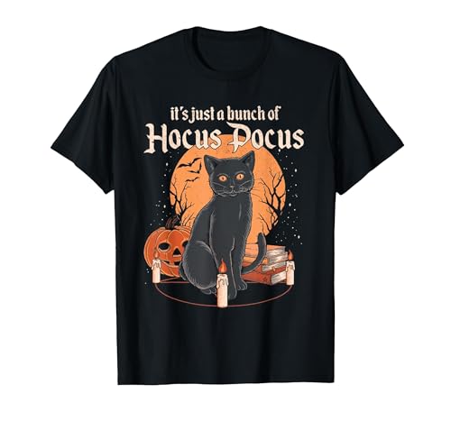 funny Halloween shirt It's Just A Bunch of Hocus Pocus Funny Cat T-Shirt - size chart