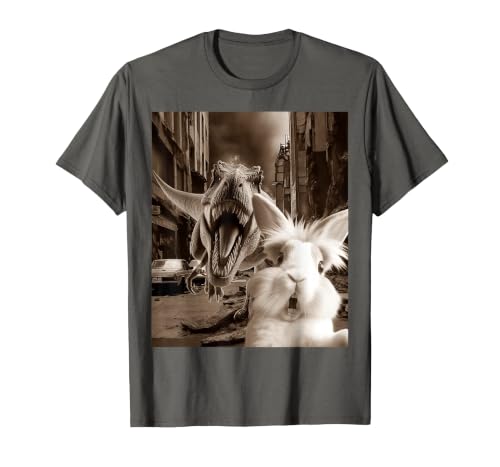 Funny Bunny Rabbit Selfie with T-Rex Tyrannosaurus Dinosaur T-Shirt — design detail