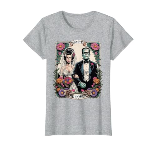 The Lovers Tarot Card Spooky Halloween Women Men The Monster Frankenstein and Bride The Lovers Tarot Card T-Shirt - size