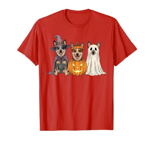 Funny Retro Australian Cattle Dog Halloween Witch Spooky Ghost Blue Heeler Pumpkin Halloween Dog Lover T-Shirt - size chart