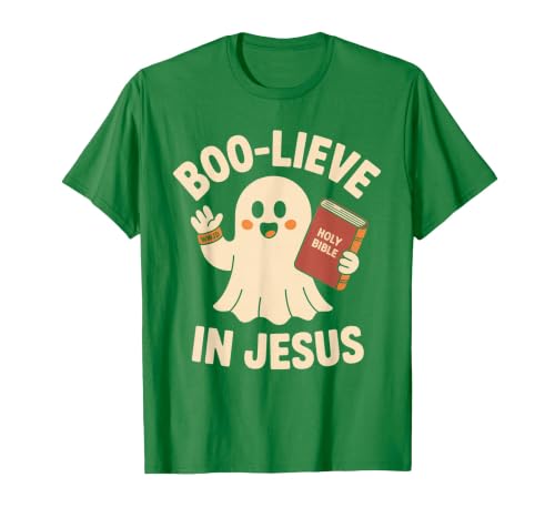 Christian Halloween Merch Boo-Lieve in Jesus - Christian Halloween Christianity T-Shirt - size chart