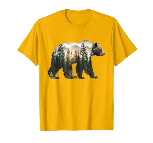 Bear Designs. Bear Forest Mountains Trees Nature Sunset Outdoor Graphic T-Shirt - size chart