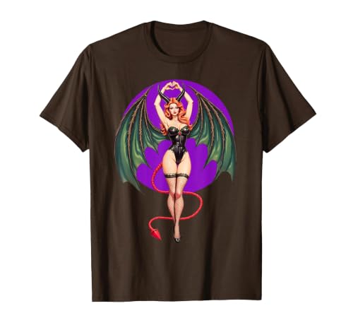 Classic Vintage Pin-Up Sexy Girl by YUX Sexy Succubus Monster Halloween Hand Heart Pin-Up Girl Devil T-Shirt - size chart