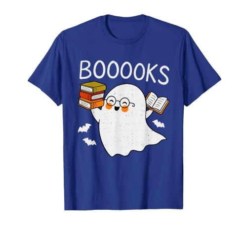 Halloween Tees for Women Men Kids Booooks Ghost Reading Halloween Library Librarian Teacher T-Shirt - size chart