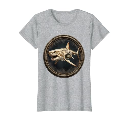 Mademark Shark Skeleton Museum Display Illustration T-Shirt - size chart