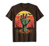 Creepy Undead Zombie Hand Retro Sunset Scary Zombie Hand Retro Sunset Halloween Horror Tee T-Shirt - size chart