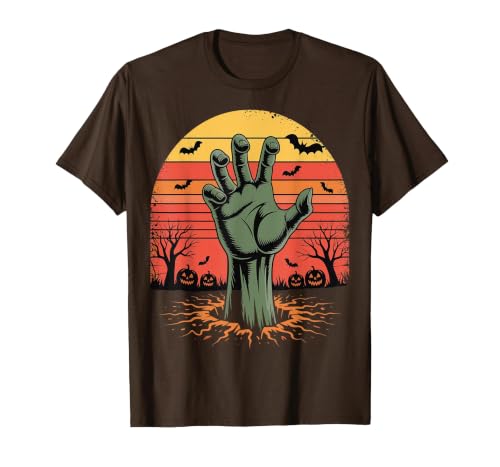 Creepy Undead Zombie Hand Retro Sunset Scary Zombie Hand Retro Sunset Halloween Horror Tee T-Shirt - size chart