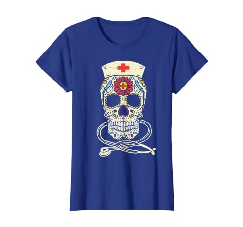 Halloween Nurse Shirts For Women Scrub Costumes Nurse Sugar Skull Stethoscope RN Medical Halloween Costume T-Shirt - size