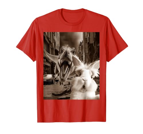 Funny Bunny Rabbit Selfie with T-Rex Tyrannosaurus Dinosaur T-Shirt — design detail
