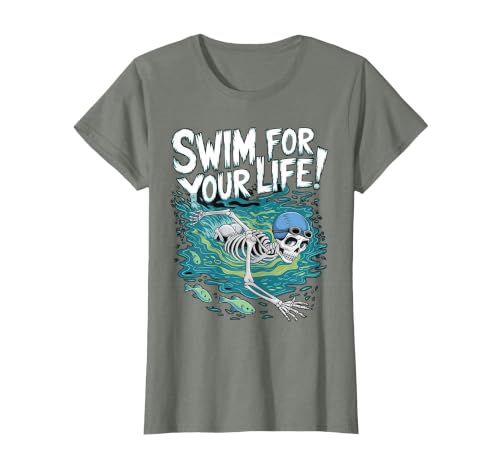 Swim Lover Halloween Custom Tee For Swimmers Kids Halloween Skeleton Swimming Swim for Your Life Swimmers Dad T-Shirt - size