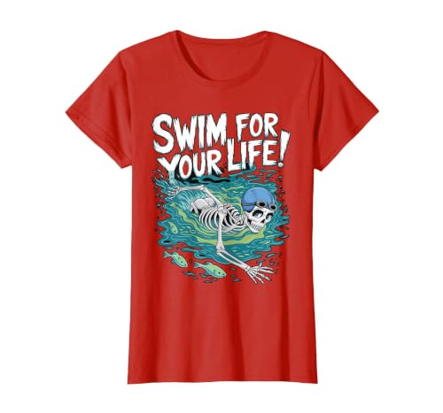 Swim Lover Halloween Custom Tee For Swimmers Kids Halloween Skeleton Swimming Swim for Your Life Swimmers Dad T-Shirt - size