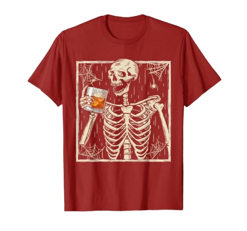 Funny Skeleton Drinking Bourbon Whiskey Halloween Alcoholic T-Shirt - size chart