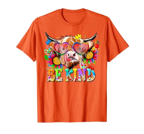 Be Kind Highland Cow Autism Awareness Sped Teacher Be Kind Highland Cow Autism Awareness Inspirational Teacher T-Shirt -