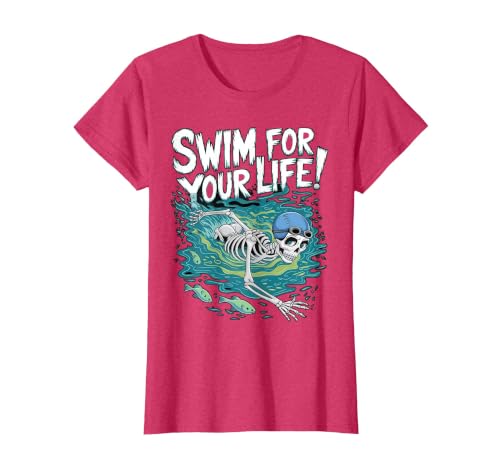 Swim Lover Halloween Custom Tee For Swimmers Kids Halloween Skeleton Swimming Swim for Your Life Swimmers Dad T-Shirt - size