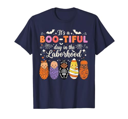 Its A Bootiful Day In The Laborhood Tee Nurse Spooky Swaddle Squad Halloween Funny Labor and Delivery T-Shirt - size chart