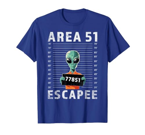 Funny Alien Halloween Costume Mugshot Alien Area 51 Escapee Funny Alien Mug Shot UFO T-Shirt - size chart