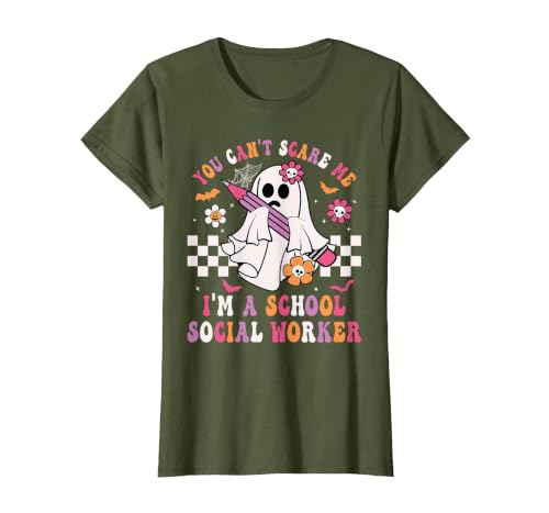 Groovy Ghost School Social Worker Halloween Shirt You Can't Scare Me I'm a School Social Worker Halloween T-Shirt - size