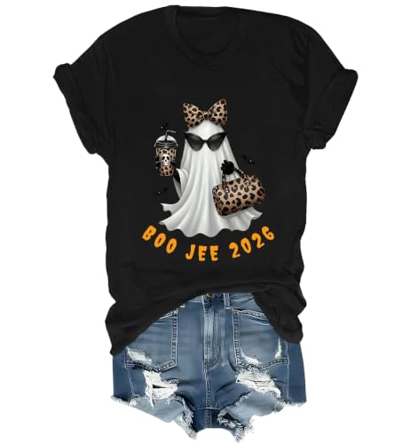 WQFQW Boo JEE 2026 Ghost Funny Halloween Leopard Print Ghost Shirt for Women - size chart