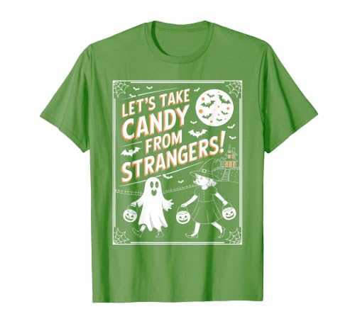 Classic Cool Candy Halloween Apparel Let's Take Candy from Strangers Retro Halloween T-Shirt - size chart