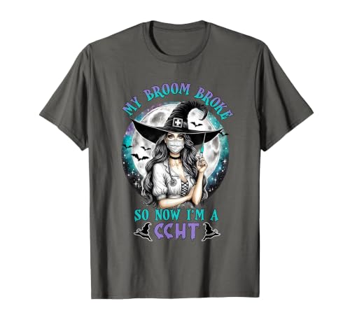 CCHT Dialysis Technician My Broom Broke So Now I'm a CCHT Dialysis Tech Halloween T-Shirt - size chart