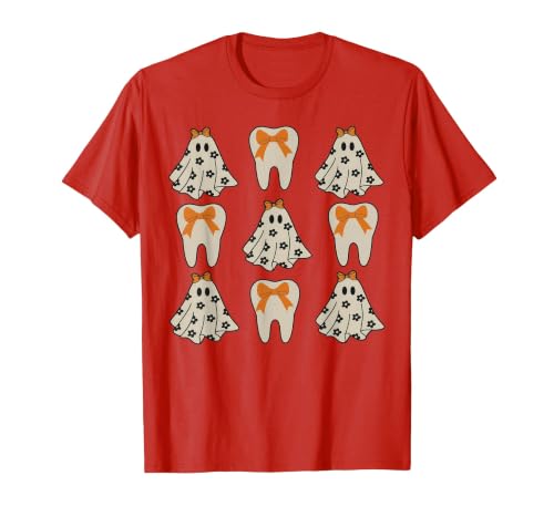 Dentist Dental Halloween Costume Tee Gifts Floral Ghost Teeth Dental Dentist Halloween Costume T-Shirt - size chart