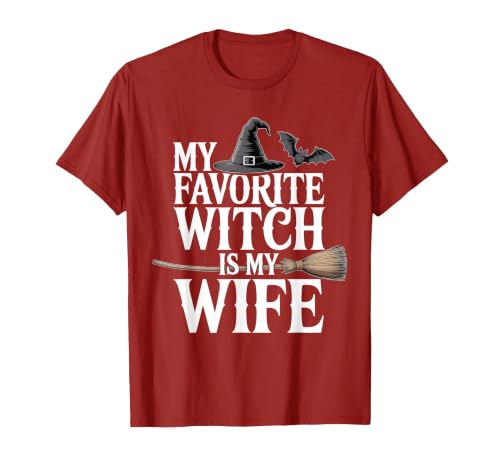 Cute Spooky Season Party Trick-or-treating Custume My Favorite Witch is My Wife Funny Halloween Husband Couple T-Shirt -
