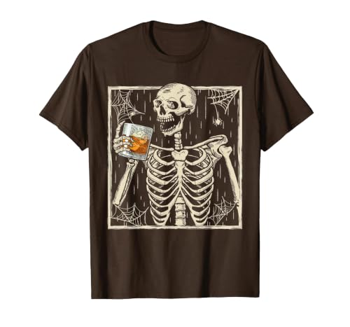 Funny Skeleton Drinking Bourbon Whiskey Halloween Alcoholic T-Shirt - size chart
