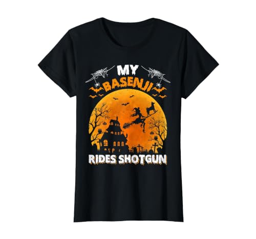 Basenji Dog Witch Halloween Gifts My Basenji Rides Shotgun Basenji Dog Halloween T-Shirt - size chart