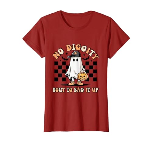 Halloween Pumkin Trick Or Treat Apparel No Diggity About to Bag It Up Trick Treat Candy Halloween T-Shirt - size chart