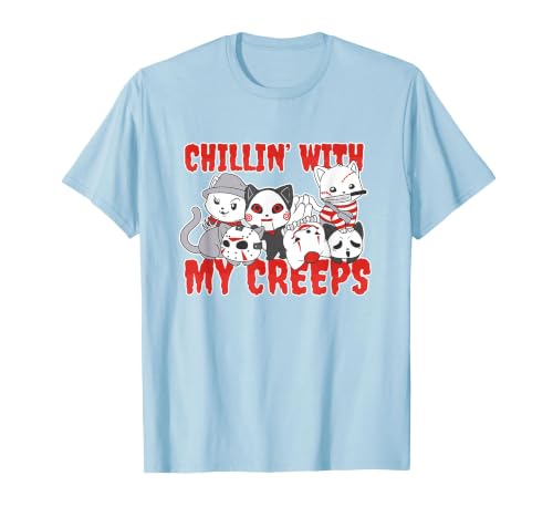 Chillin With My Creeps Apparel Chillin with My Creeps Cat Horror Killer Halloween Costume T-Shirt - size chart