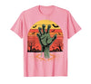 Creepy Undead Zombie Hand Retro Sunset Scary Zombie Hand Retro Sunset Halloween Horror Tee T-Shirt - size chart