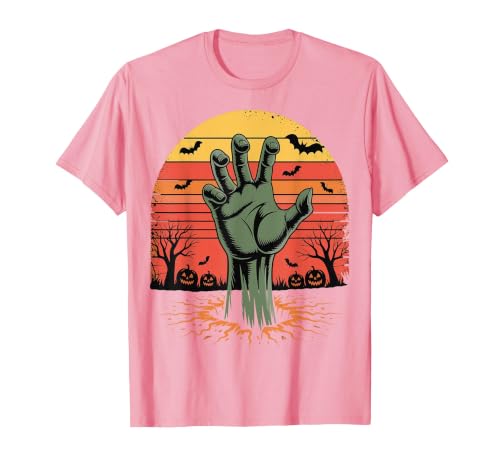 Creepy Undead Zombie Hand Retro Sunset Scary Zombie Hand Retro Sunset Halloween Horror Tee T-Shirt - size chart