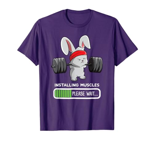 Bunny Gym Rabbit Weights Installing Muscles T-Shirt — design detail