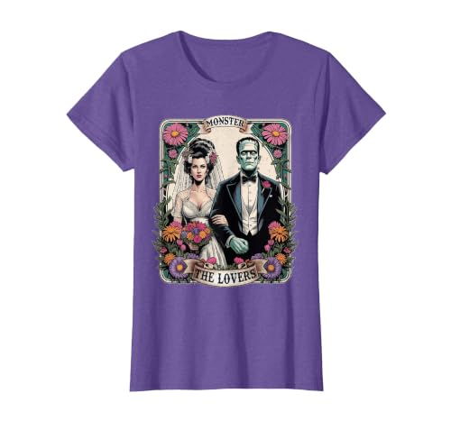 The Lovers Tarot Card Spooky Halloween Women Men The Monster Frankenstein and Bride The Lovers Tarot Card T-Shirt - size