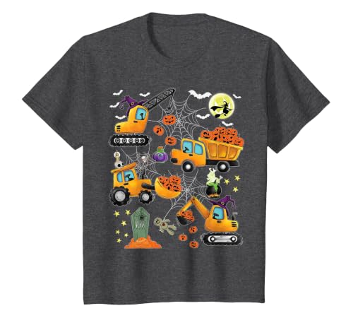 Kids Fun Construction Vehicle Halloween spider web Kids Construction Vehicle Halloween Crane Truck Pumpkin Boys T-Shirt -